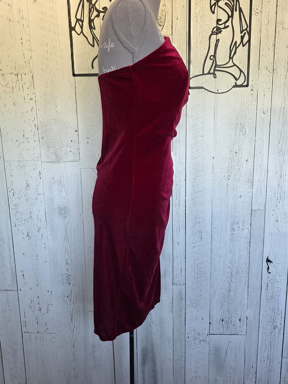 Fashion Nova Burgundy Velvet Ruched Bodycon Dress Strapless Size L Holiday Date - Picture 5 of 14